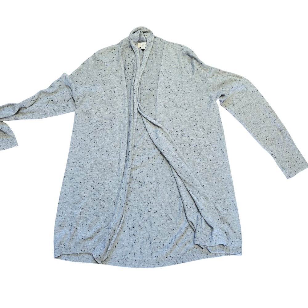 LOFT Gray Speckled Open Front Cardigan Sweater Large Longline Shawl Collar